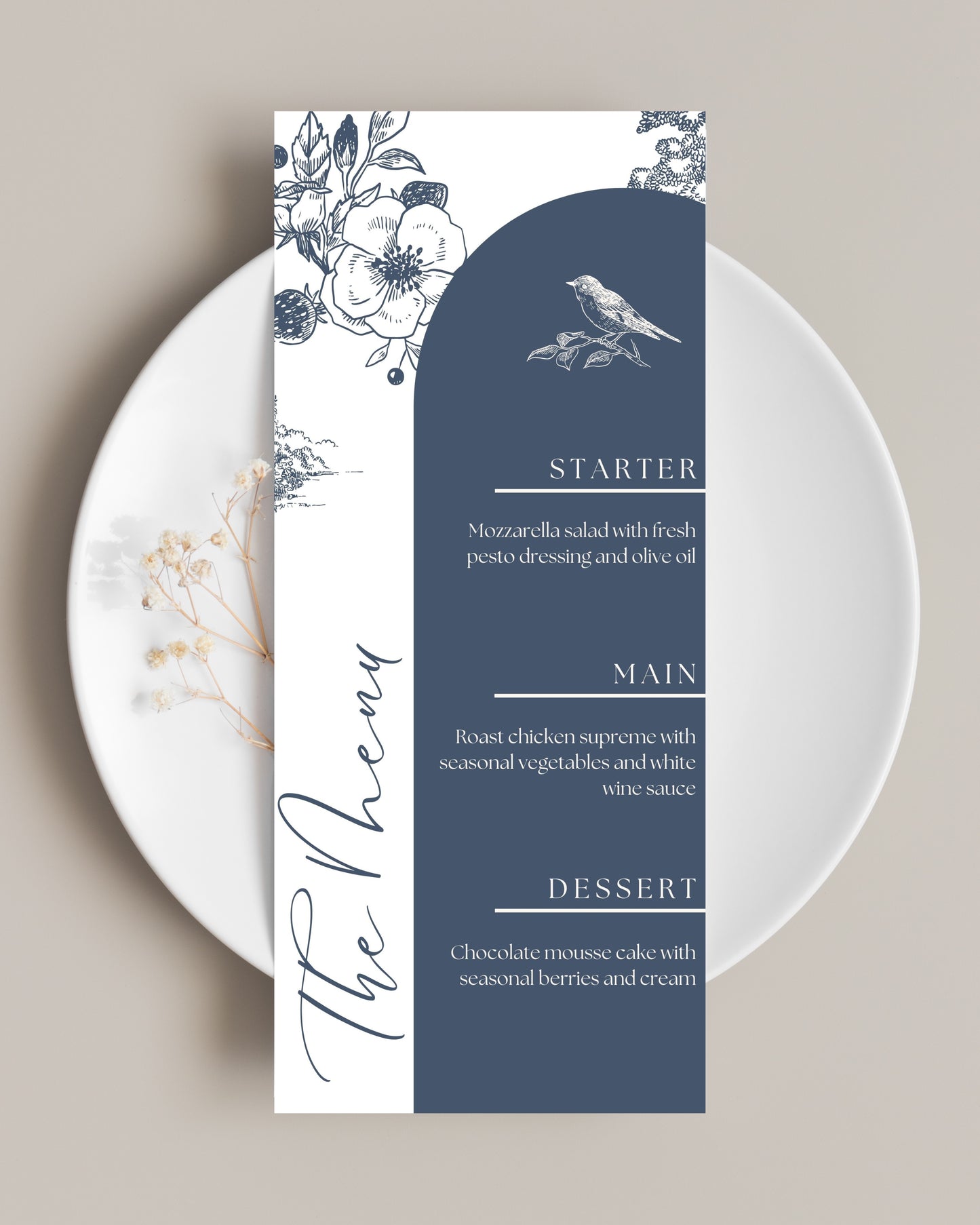 Blue Bird Floral Menu Cards