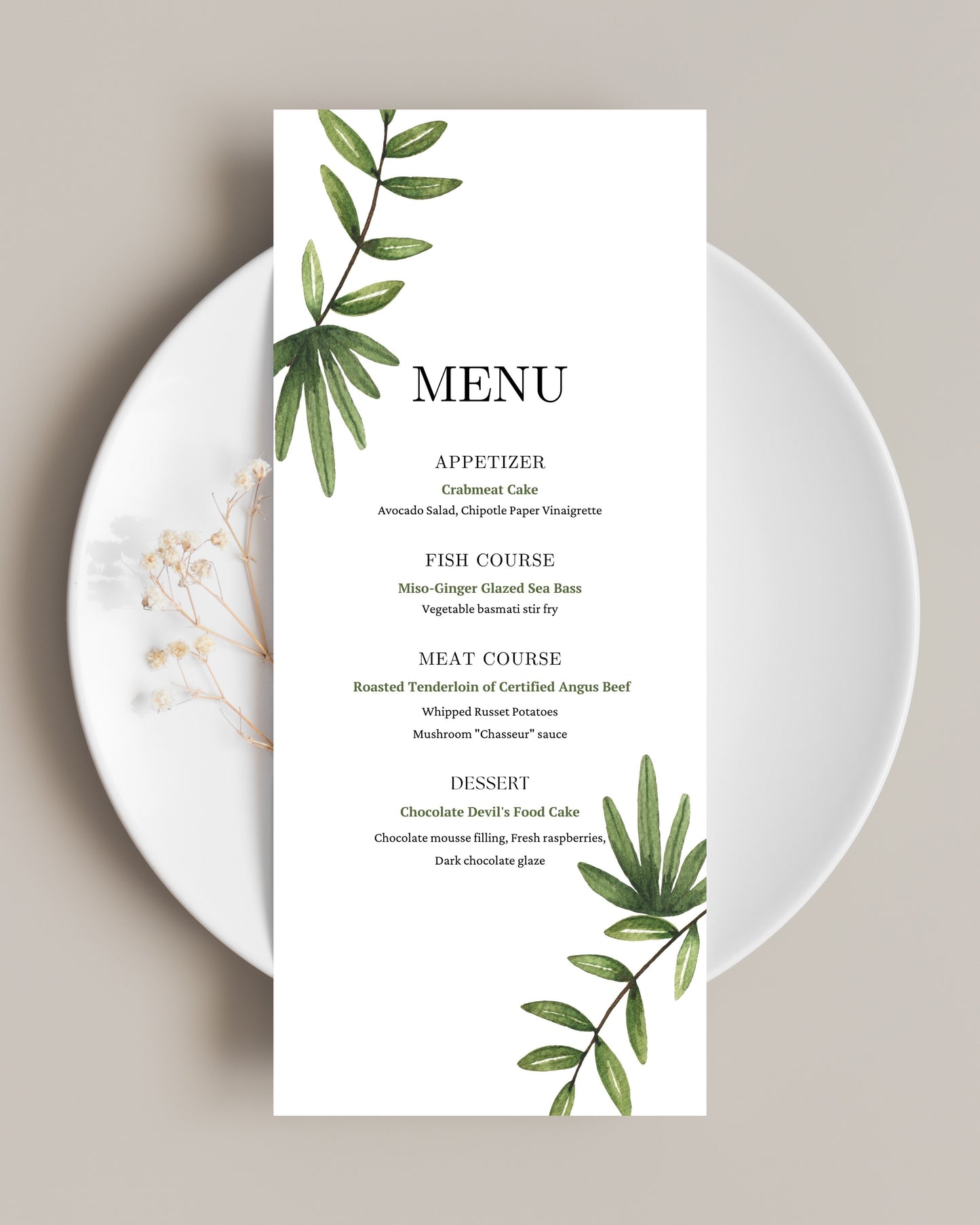 Minimal Green Leaves Menu Cards