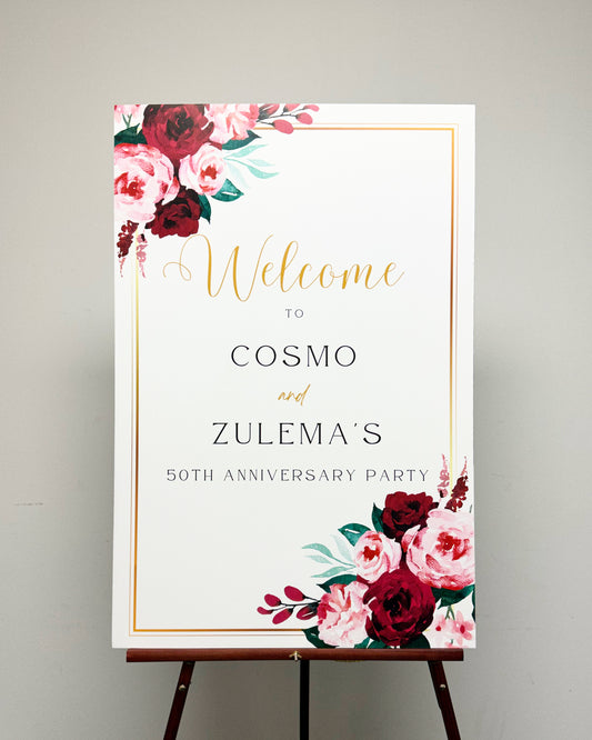 Gold Border Red Florals Welcome Sign