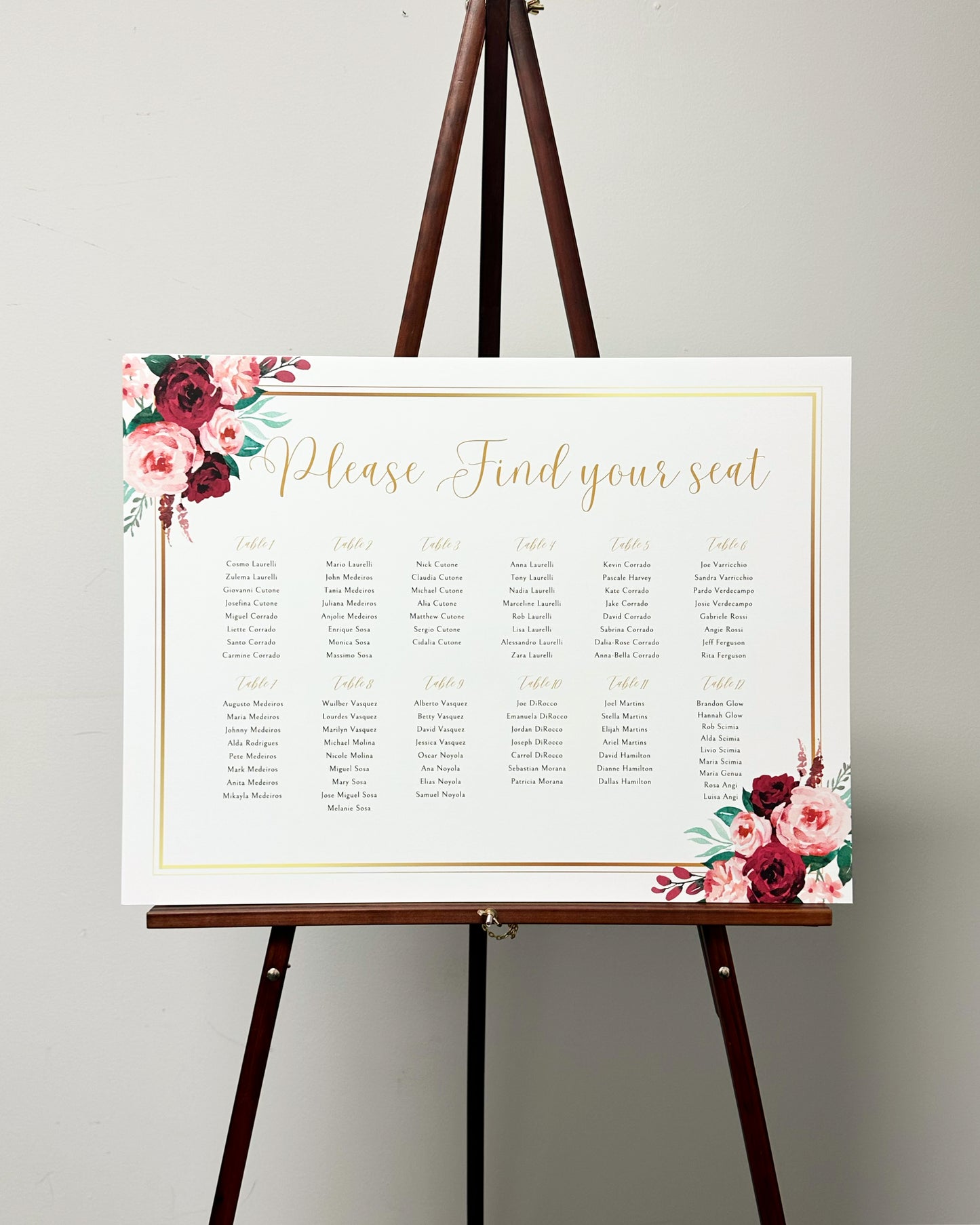 Red Floral + Gold Horizontal Seating Chart