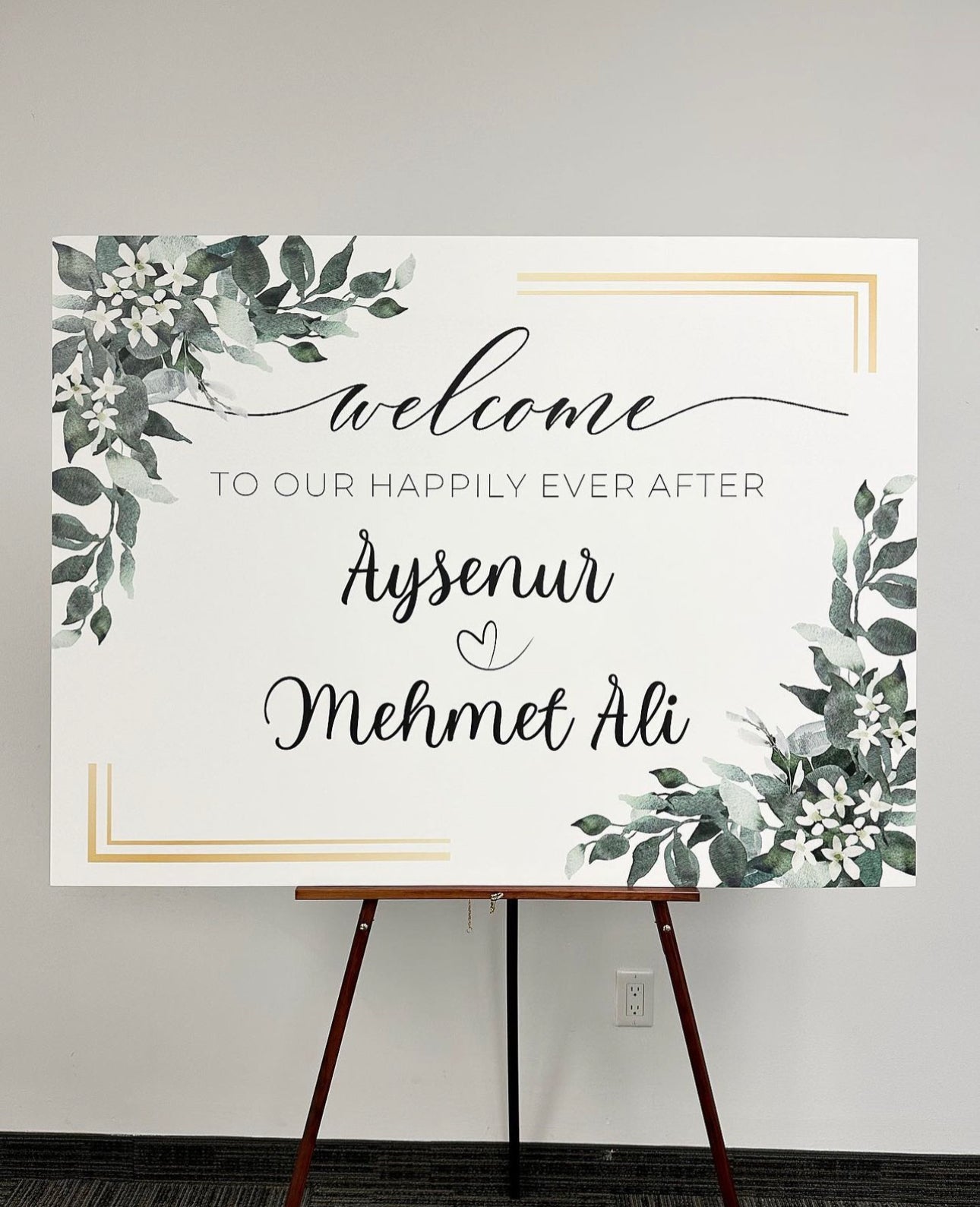 Green Floral + Gold Welcome Sign