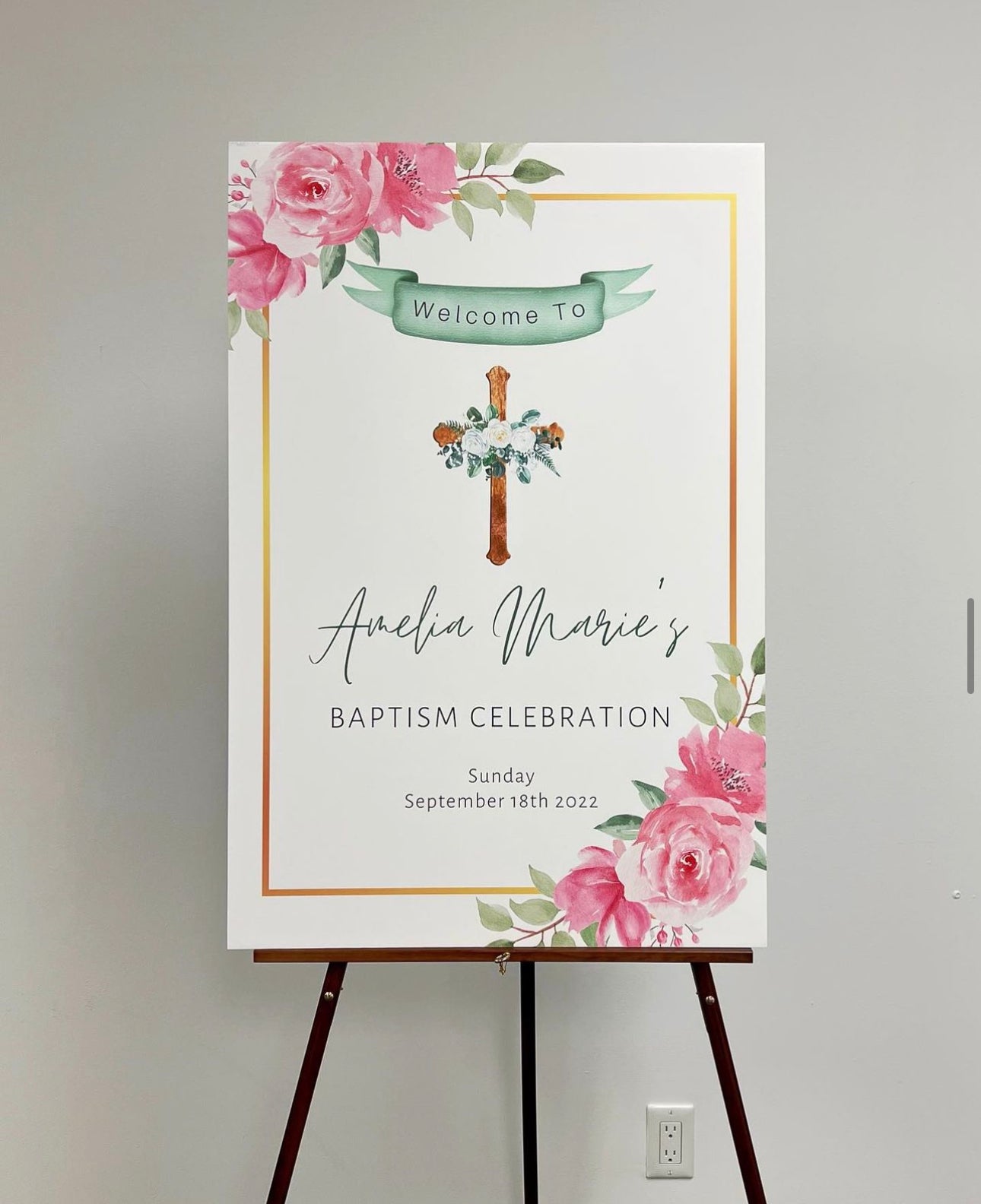 Floral Pink & Gold Baptism Welcome Sign