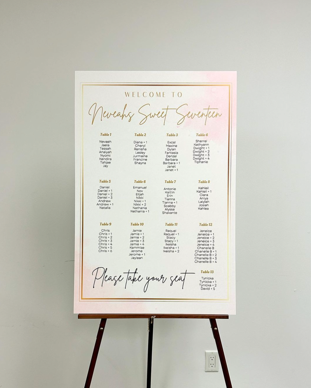 Gold & Pink Sweet Sixteen Seating Chart