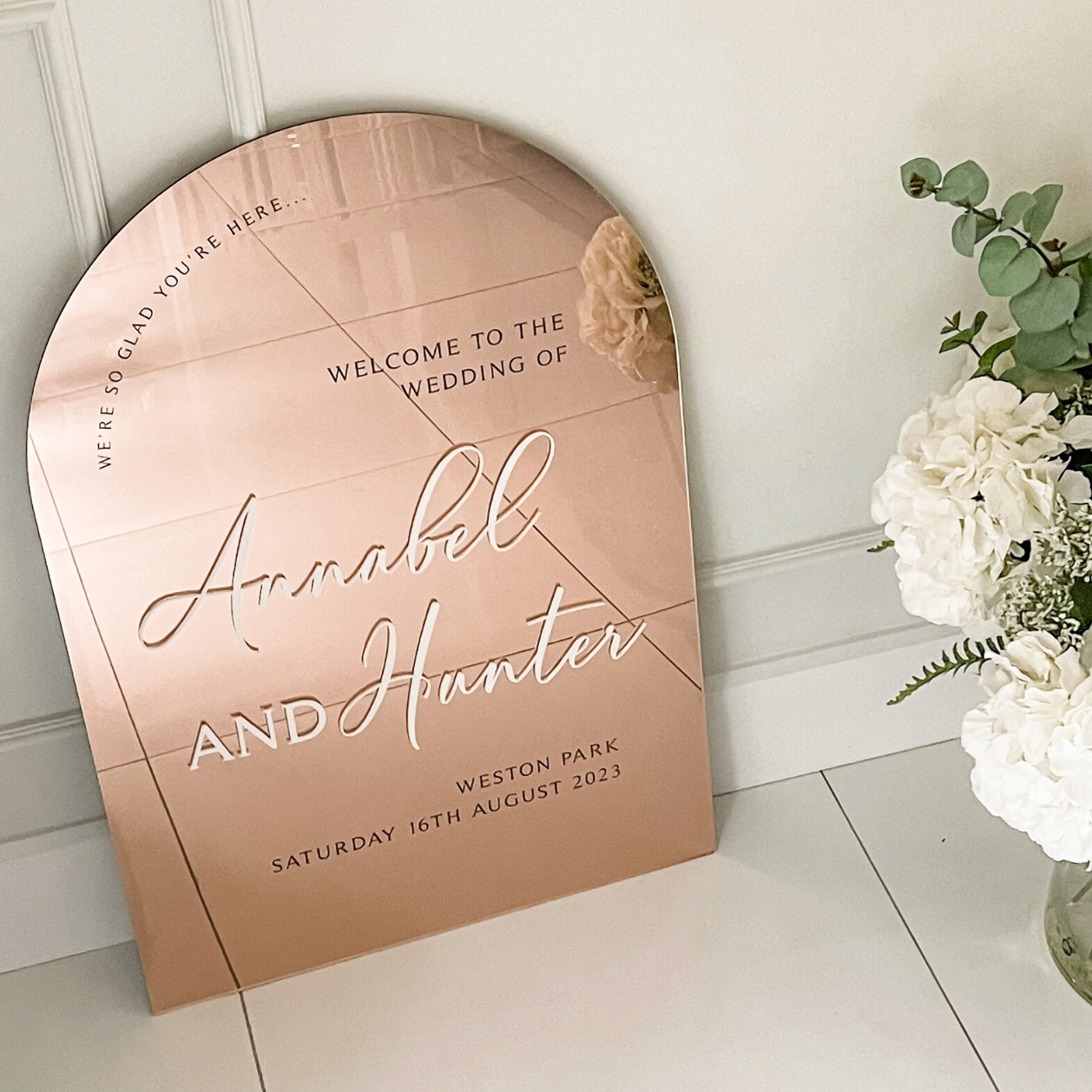 Rose Gold Mirror Acrylic Arch Welcome Sign